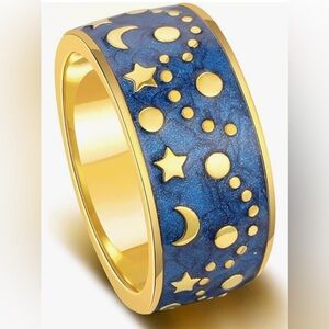 Enamel Moon & Stars Signet Ring - Size 6